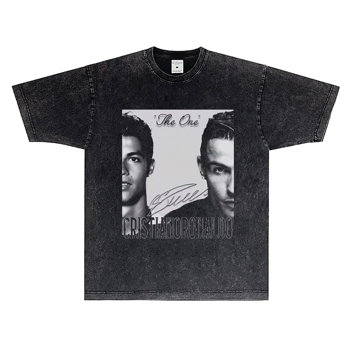 

2025 Printed Football Cristiano Ronaldo Short-sleeved Washed Aged Retro High Street Sport T-shirt Base, Heavy Pure Cotton