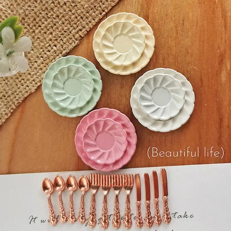 1 ensemble 1:12 maison de poupée Miniature plat à gâteau et couteau fourchette cuillère combinaison modèle maison de poupée accessoires jouets bricolage décoration