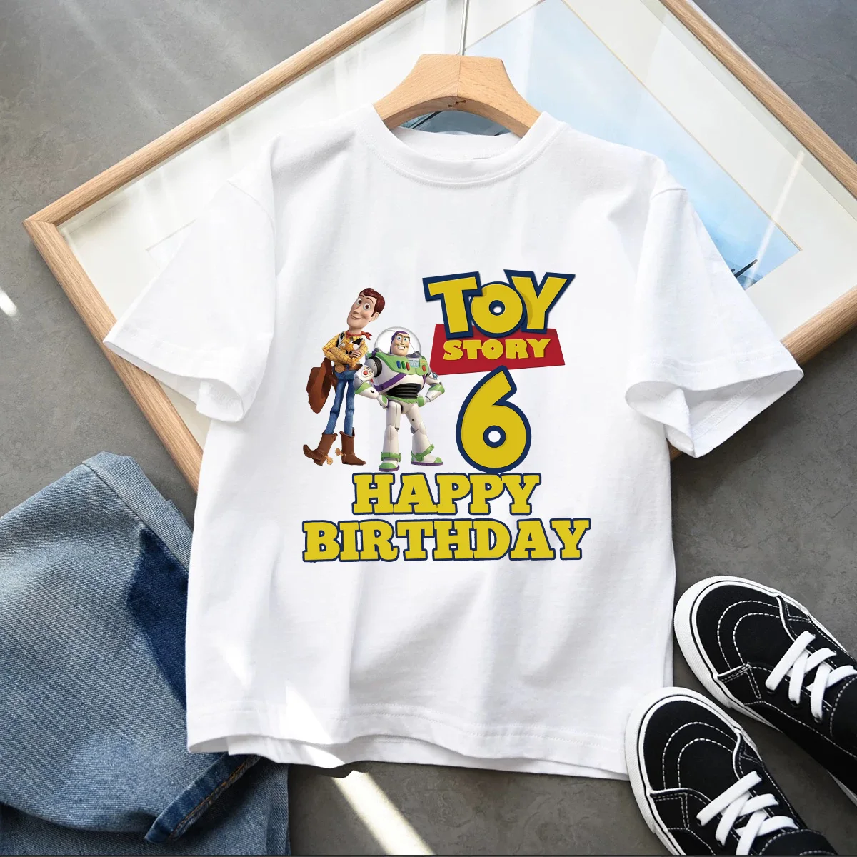 Disney Kawaii Anime Toy Story Children T-Shirt Birthday 1-14 Woody Buzz Lightyear Clothes Cartoons Kids Boy Girl Casual T Shirts