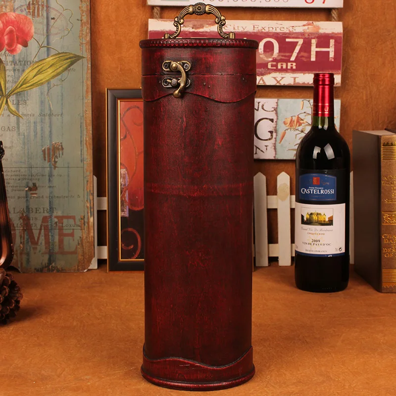 Vintage archaistic Single Red Wine Box Portable round Wood Wine Box Retro Gift Wine Storage Box Bottle Packag Wth Handle