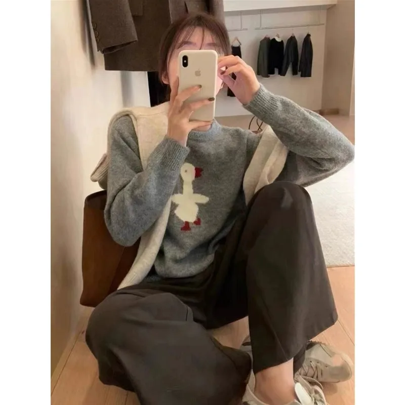 Korean round neck pure cashmere sweater female cartoon ducklings jacquard autumn and winter new loose sweater base sweater