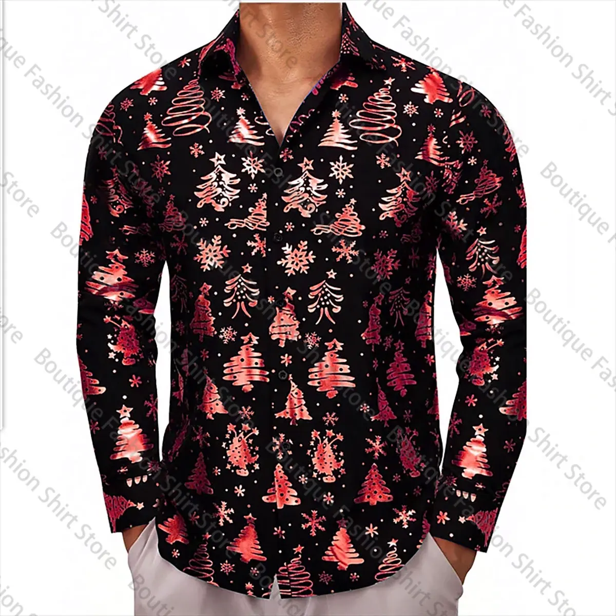 Camisa con estampado 3D de árbol de Navidad para hombre, camisa de manga larga con botones, Top de fiesta navideña, Año Nuevo, 6XL, 2024