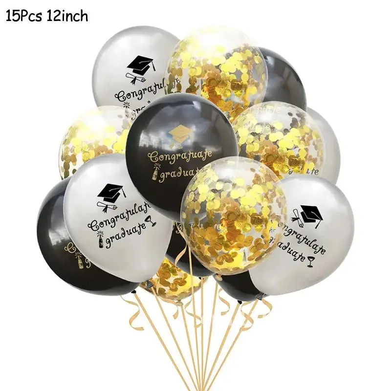 1Set Black Gold Graduation Balloons Latex Confetti Balloon Graduation Party Decorations 2021 Congratulation Ceremony Supplies