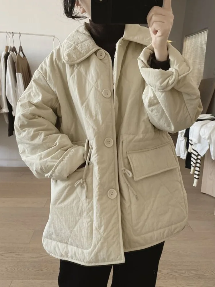 Large Pocket Spring Winter Women's Cotton-padded Jackets Vintage Solid Color Long Sleeve Casual Warm Women's Cotton Coat