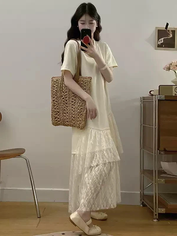 Grande taille Patchwork Dr femmes été ample minceur Ele coréen Sle H-Line longue Sve ronde Ne ort Sve T-shirt...