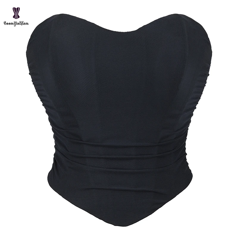 2023 Strapless Backless Korset Lacing Ribbon Bandage Bustier Women\'s Ruched Mesh Corset Top Asymmetrical Hem Crop Tops