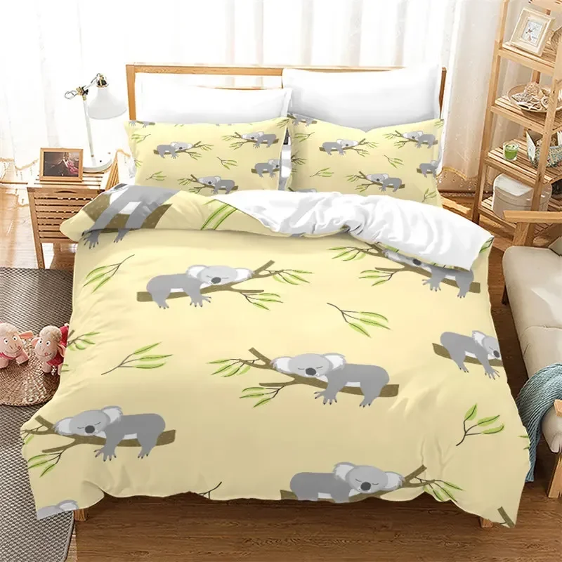 Cartoon Koala Cute Animal Leaves Flowers Comfortable Duvet Quilt Cover Pillowcase Bedding Set Bedroom Decoration Home Textile