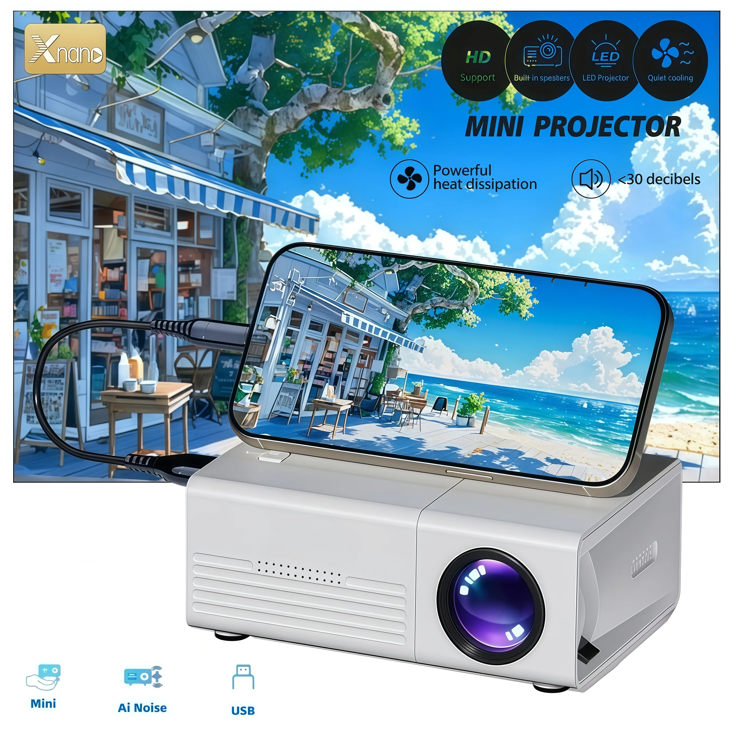 Home Cinema Gaming - XNANO Mini Projektör Taşınabilir 1080P Destekli