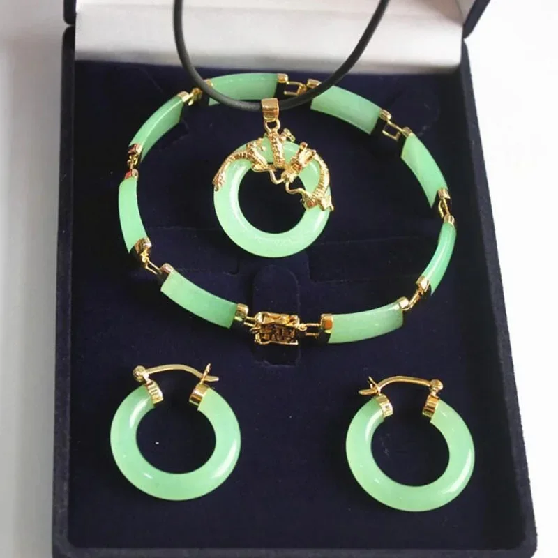 

3 шт., кулон из натурального зеленого и черного камня, ожерелье, серьги, браслет, серебро, золото, цвет для женщин, комплект ювелирных изделий, свадебная вечеринка