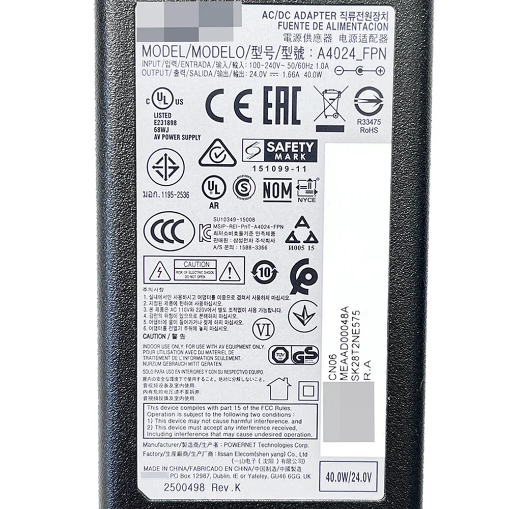 MEAAD00048A A4024_FPN 24V 1.66A 40W is for AC/DC Display Power Adapter HW-HM45C/ZA HW-J355/ZA HW-J355XU HW-J450/ZK HW-J470/ZC