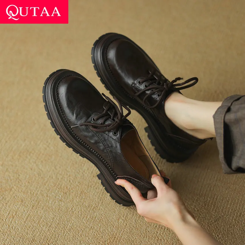 

QUTAA 2024 Vintage Women Pumps Fashion Round Toe Genuine Leather Lace-Up Med Heel Casual Shoes Woman Spring Summer Size 34-40