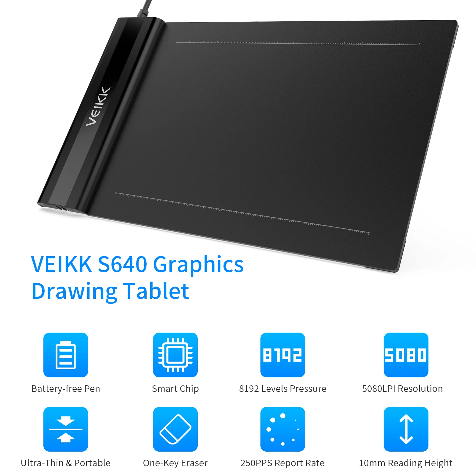 VEIKK S640 Graphics Drawing Tablet 8192 Levels Pressure Art Graphics Tablet with Battery-free Stylus 8 Pen Nibs for Designing