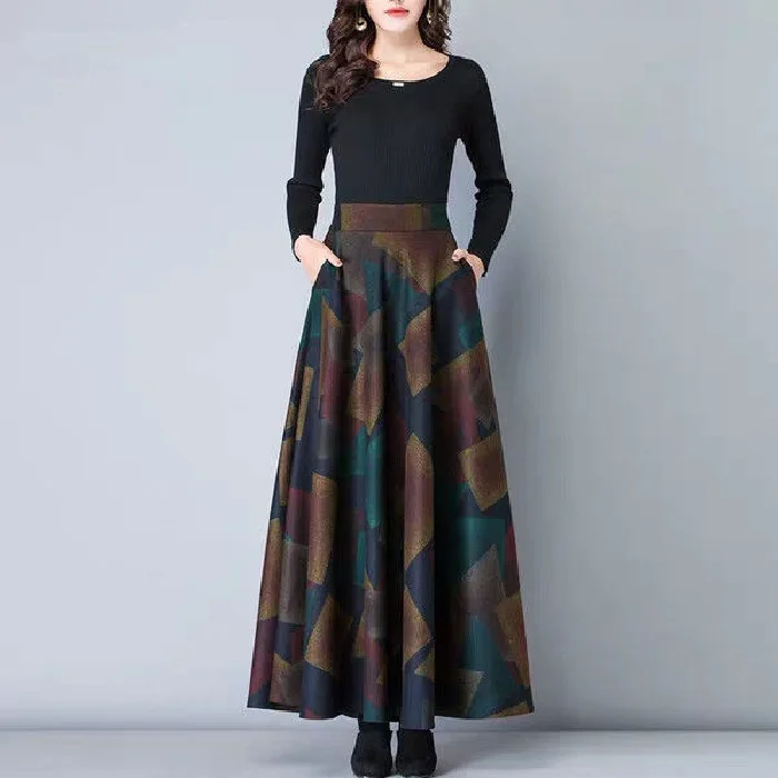 

Plaid Woolen A-Line Midi Skirt Large Flounce Women's plus Size Autumn Winter New Style Half-length Skirts Elegant Classy