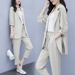 Spring and Autumn New Fashion Plus Size Women's Three Piece Suit Cotton Blended Single Button Coat Nine Point Pants Office