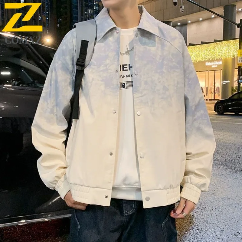 

COMXZ Men's Turn down Collar Jacket Gradient Tie dye Chinese Style Ink Wash Printing Loose Fit Waterproof Windproof windbreaker
