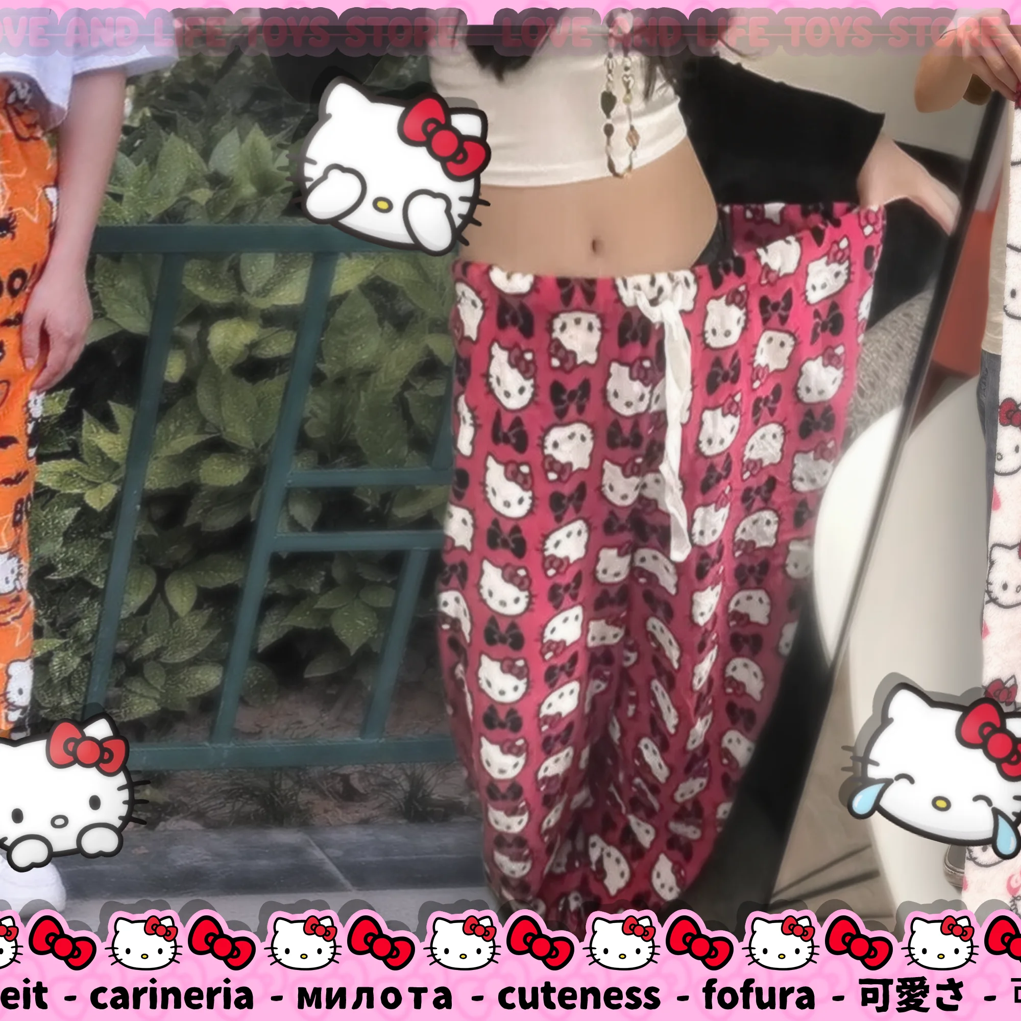 Anime sanrio Hello Kitty Pajamas Pants Black Pink Flannel Women Warm Woolen Whitecartoon Casual Home Pants Autumn Grils Trousers