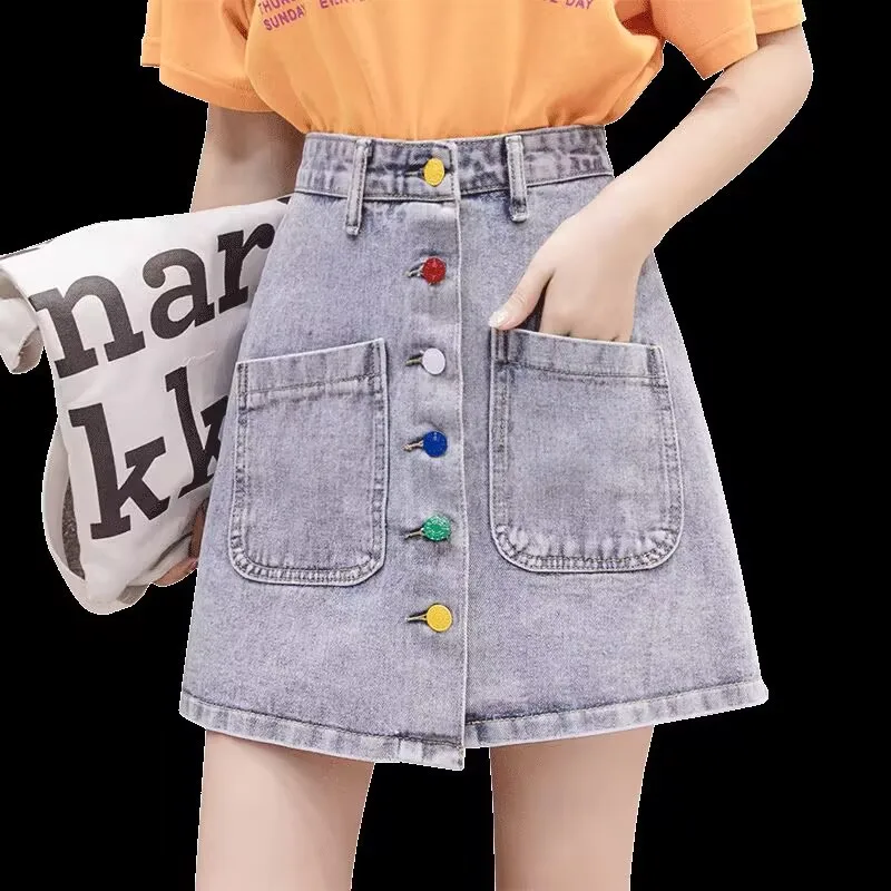 High Waist A-line Denim Shorts Spring Summer Women Package Hip Skirt Student Korean Style Fashion Button Pleated Skirt