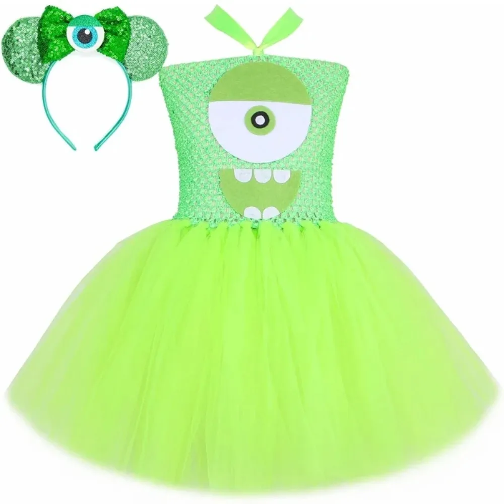 Girls Green Monster Tutu Dress with Wings & Mask Kids Funny Dinosaur Cosplay Costume for Halloween Carnival Party,Tutu Princess