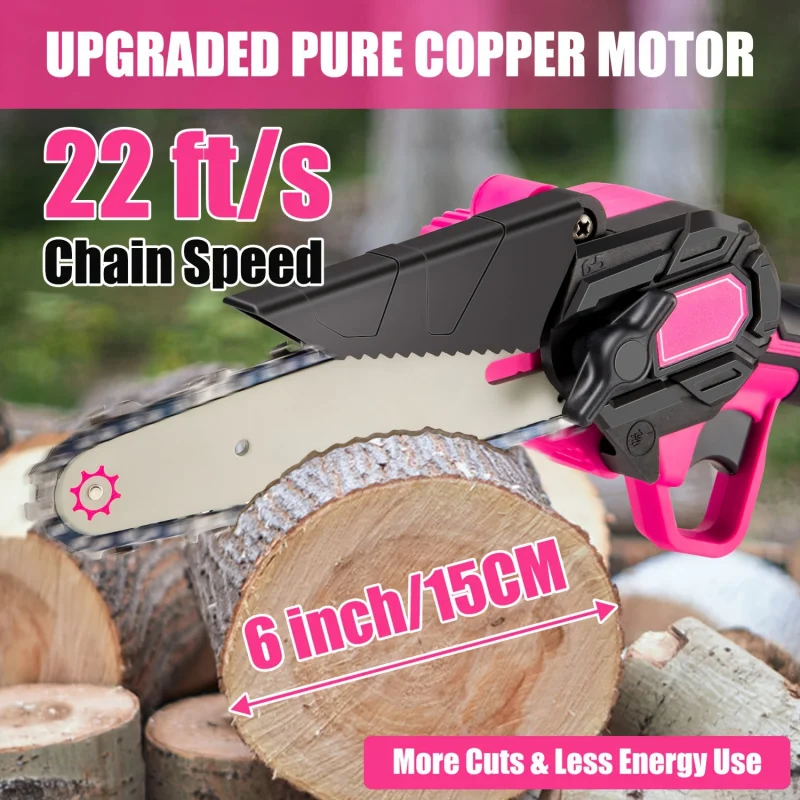 Pink mini chainsaw 6 inch wireless electric handheld chainsaw battery powered with power indicator light