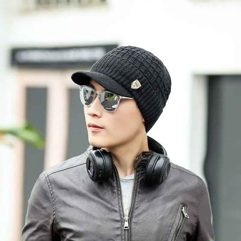 Men's Winter Keep Warm Visor Hats Thickened and Flannel Knitted Elastic Comfortable Winter Hats For Men