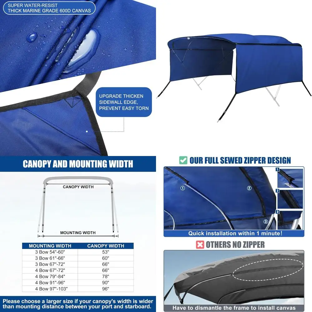 

600D 4-Bow 8'L x 97-103 W Bimini Top Cover with Detachable Sides and Storage Boot