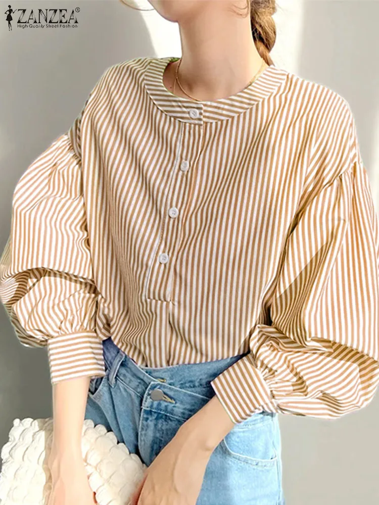 ZANZEA 2024 Summer Chic Blouse Women Striped Fashion Lantern Long Sleeve Shirt Round Neck Blusas Casual Loose Pleats Office Tops