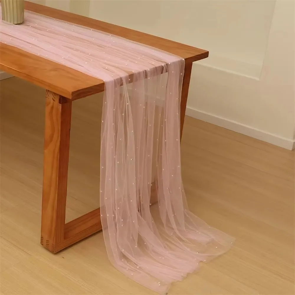 Sheer Drapes Pearl Yarn Table Runner Semi Transparent Gauze Mesh Tulle Table Runners DIY Pearl Table Cover