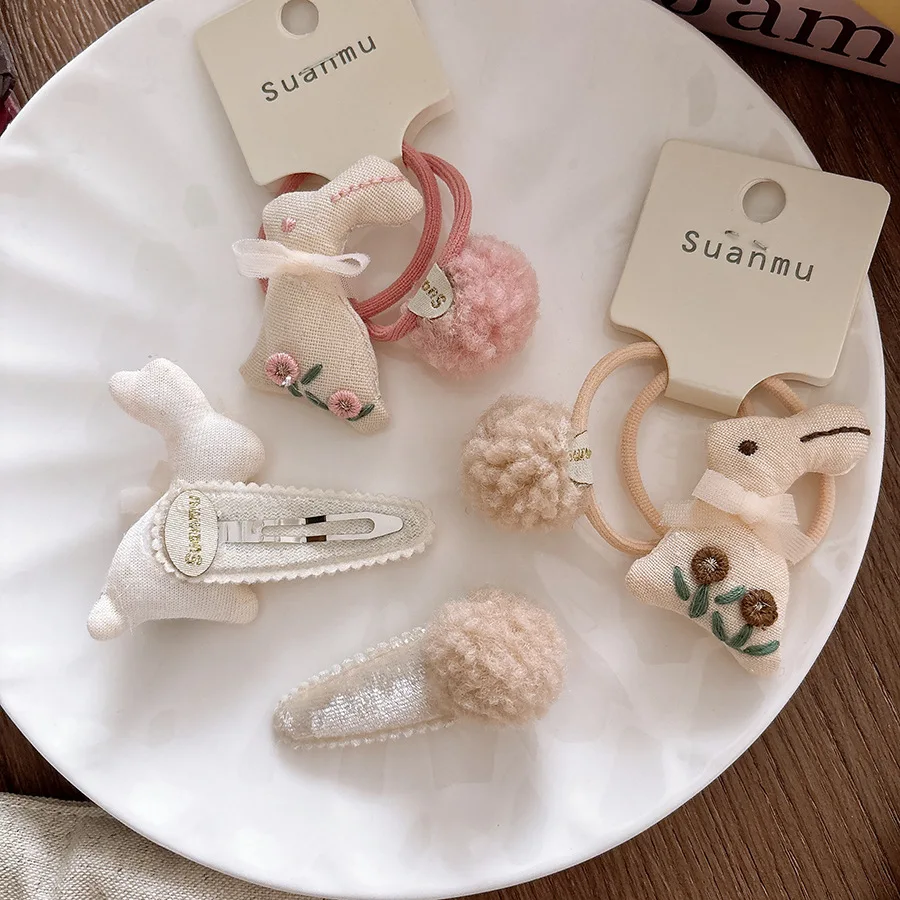 Autumn Winter Sweet 3D Embroidery Cute Rabbit Baby Velvet BB Clips Side Hairpins Girls Sakura Pink Fluffy Pom Pom Hair Ties view 4