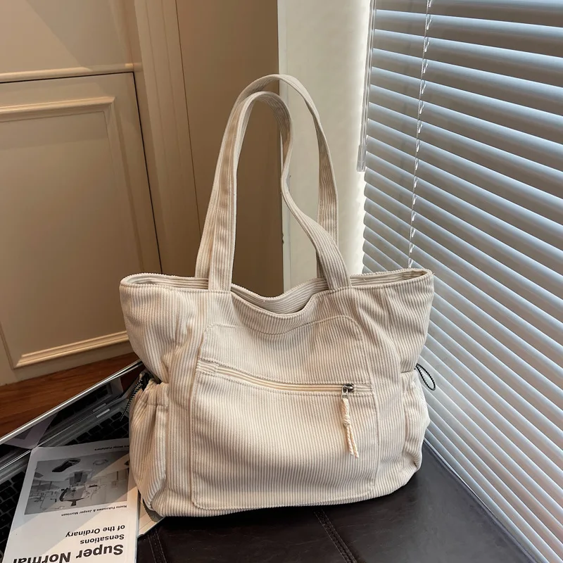 

New Corduroy Textured Casual Shoulder Bag Women Spacious Simple Versatile Handle Bag Trendy Student School Commuter Storage Bag
