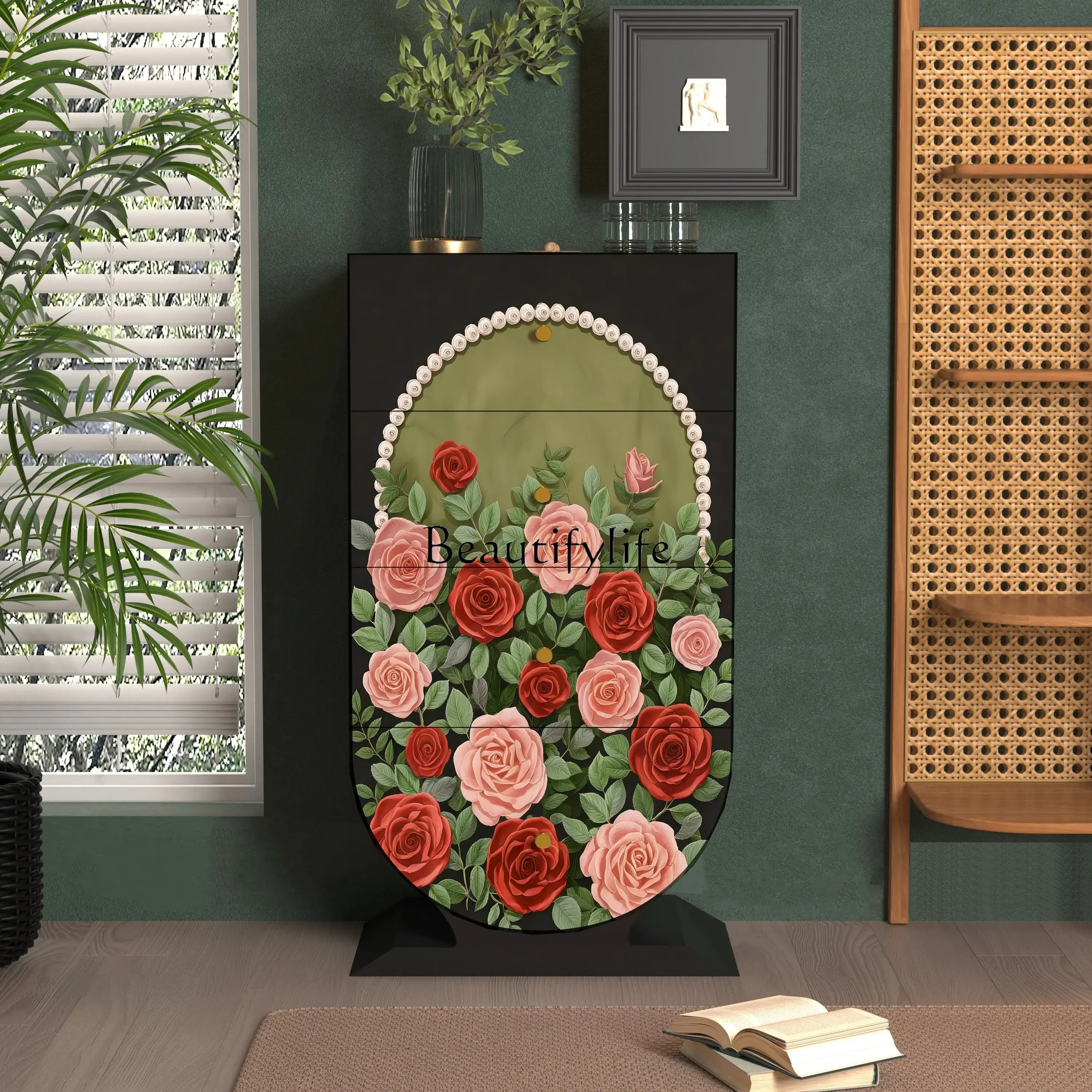 

ls 18Painted lacquer solid wood four-chest cabinet household bedroom living room wall integrated storage cabinet