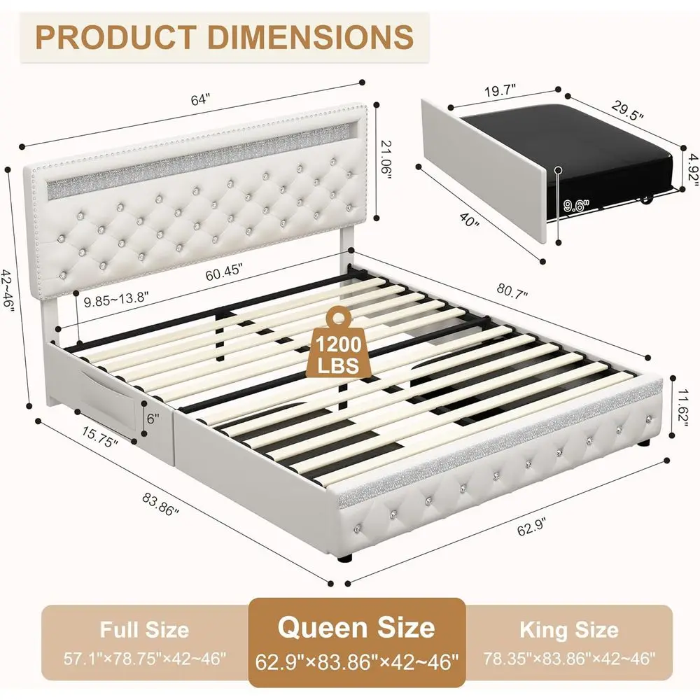 سرير كوين من جلد البولي يوريثان الأبيض مع درجين، ودعم شريحة قابل للتعديل، وخياطة ماسية