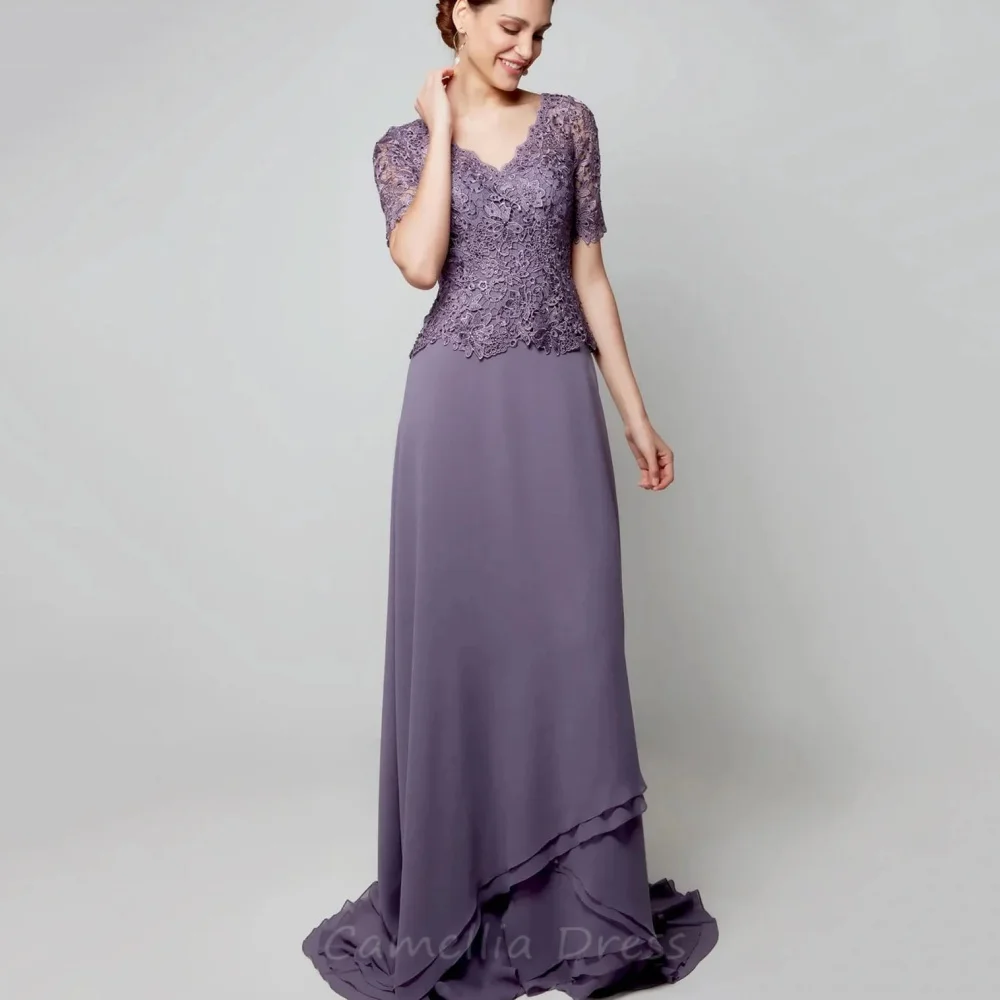 

Customized Mother Dresses for Bride V Neck Chiffon Dress Lace Wedding Party Gown Short Sleeve vestido invitada boda