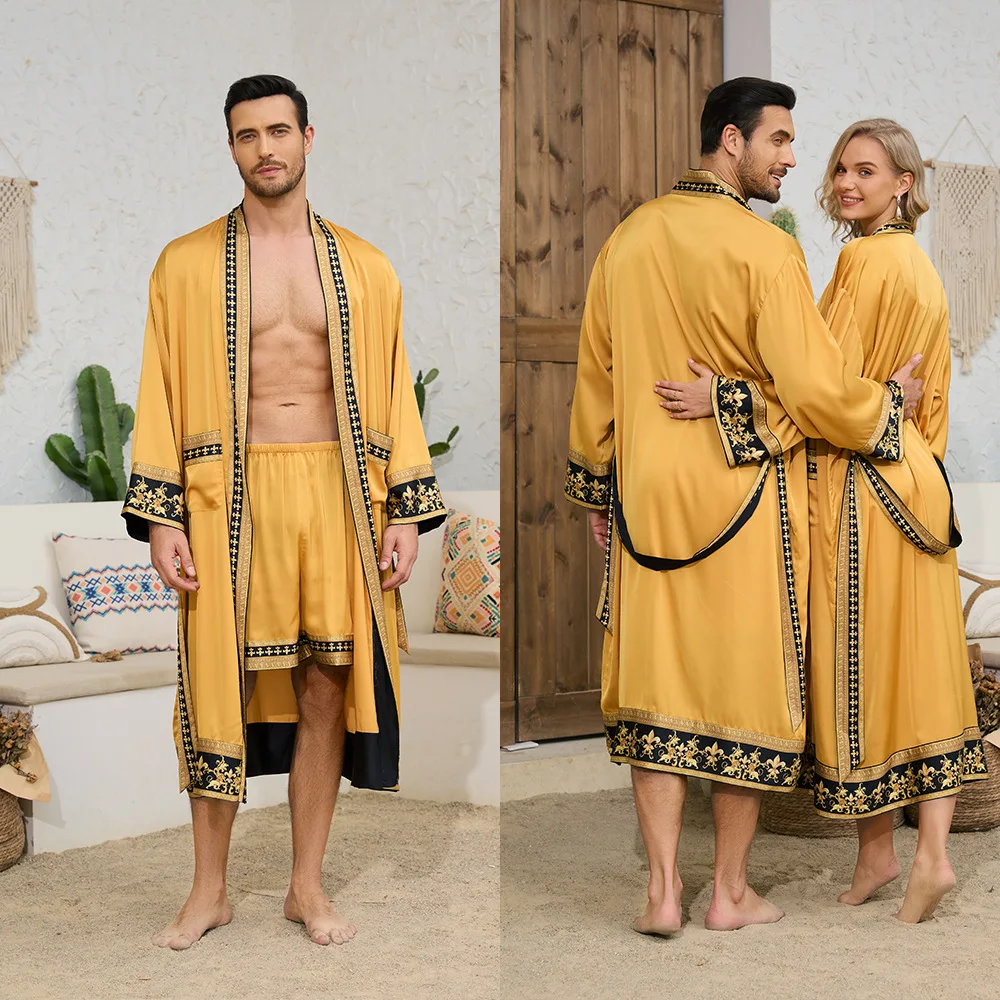 Print Robe Suit Home Clothes Bathrobe Nightwear Loose Kimono Men Ice Silk Robe Shorts Set