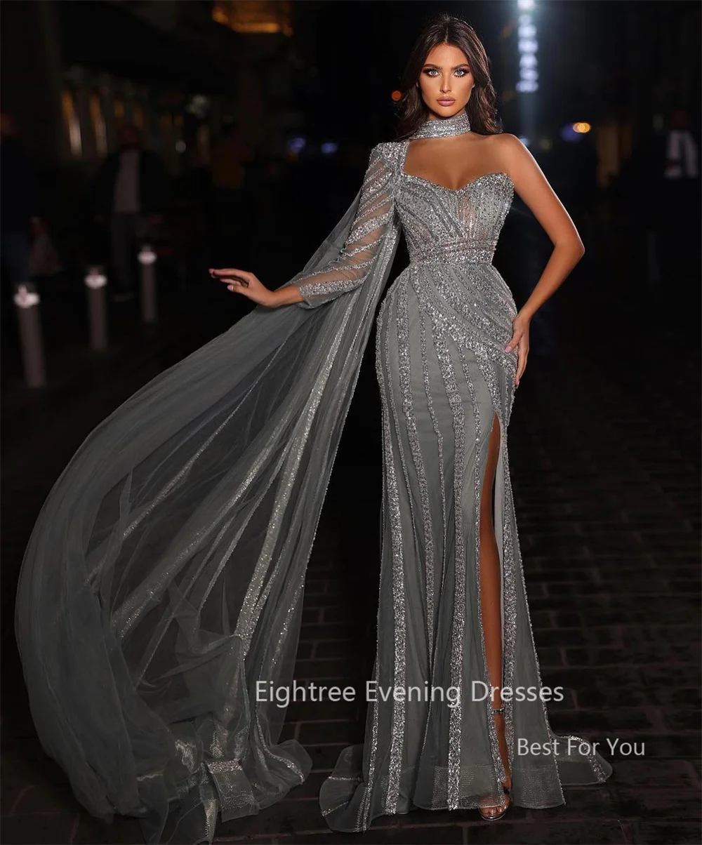 Eightree Shiny Siliver Mermaid Prom Dresses Halter One Long Sleeve Glitter Evening Gown Dubai Arabic Formal Occasion Party Dress