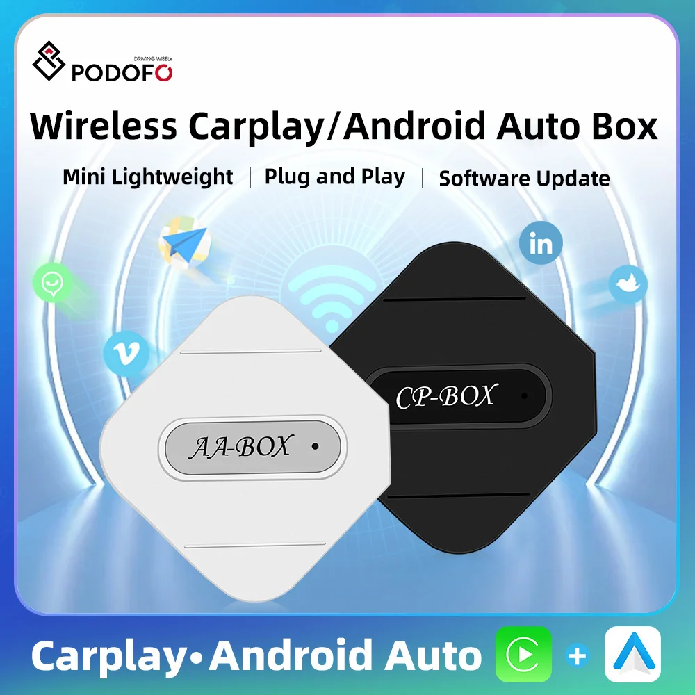 Podofo Wireless Carplay/Android Auto Box AI Box Plug And Play Mini Box Carplay Adapter Android Auto Adapter Software Update