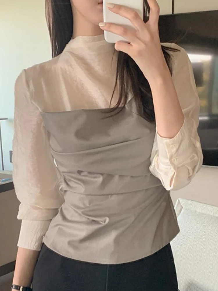 Ele emendado plissado ort irt feminino coreano sle fino ajuste chique transparente f gola alta longo sve topo