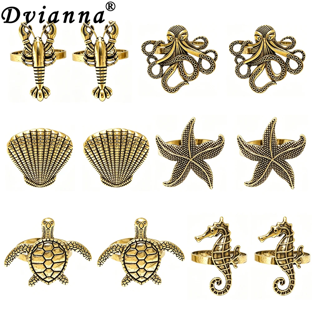 12Pcs Dvianna Assorted Sea Animal Napkin Rings, Antique Gold Lobster Octopus Turtle Napkin Holders for Beach Table Decor