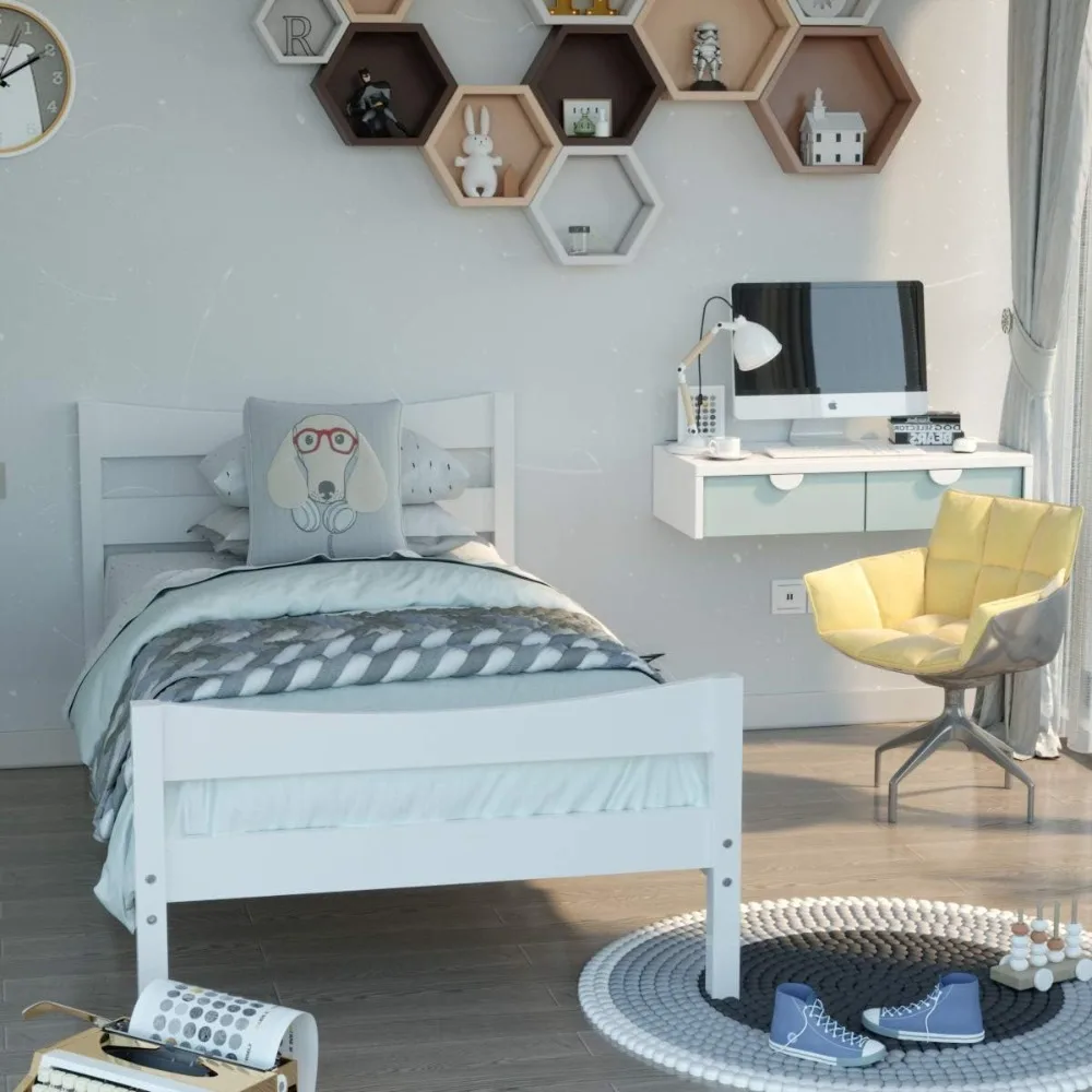 

Каркас двуспальной кровати Giantex Wood, современная белая кровать-платформа с изголовьем и изножьем, опора из массива дерева, пружина коробки не требуется, P