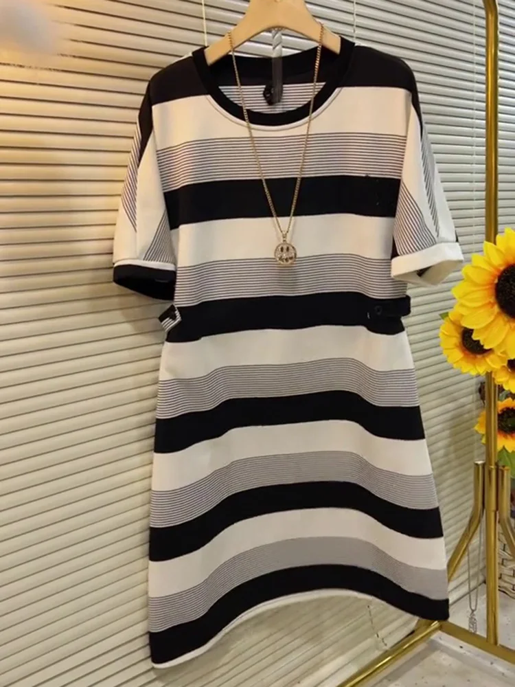 T-shirt ample ort Sve Dr Thin Age-Defng pour femmes, jupe mi-longue rayée ronde, taille haute, printemps été