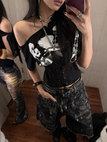 2025 Summer Sexy Slash Neck Tshirts Women Y2k Aesthetic Black Printing Grunge Fairy Tops Harajuku Vintage Bandage Cropped Tees