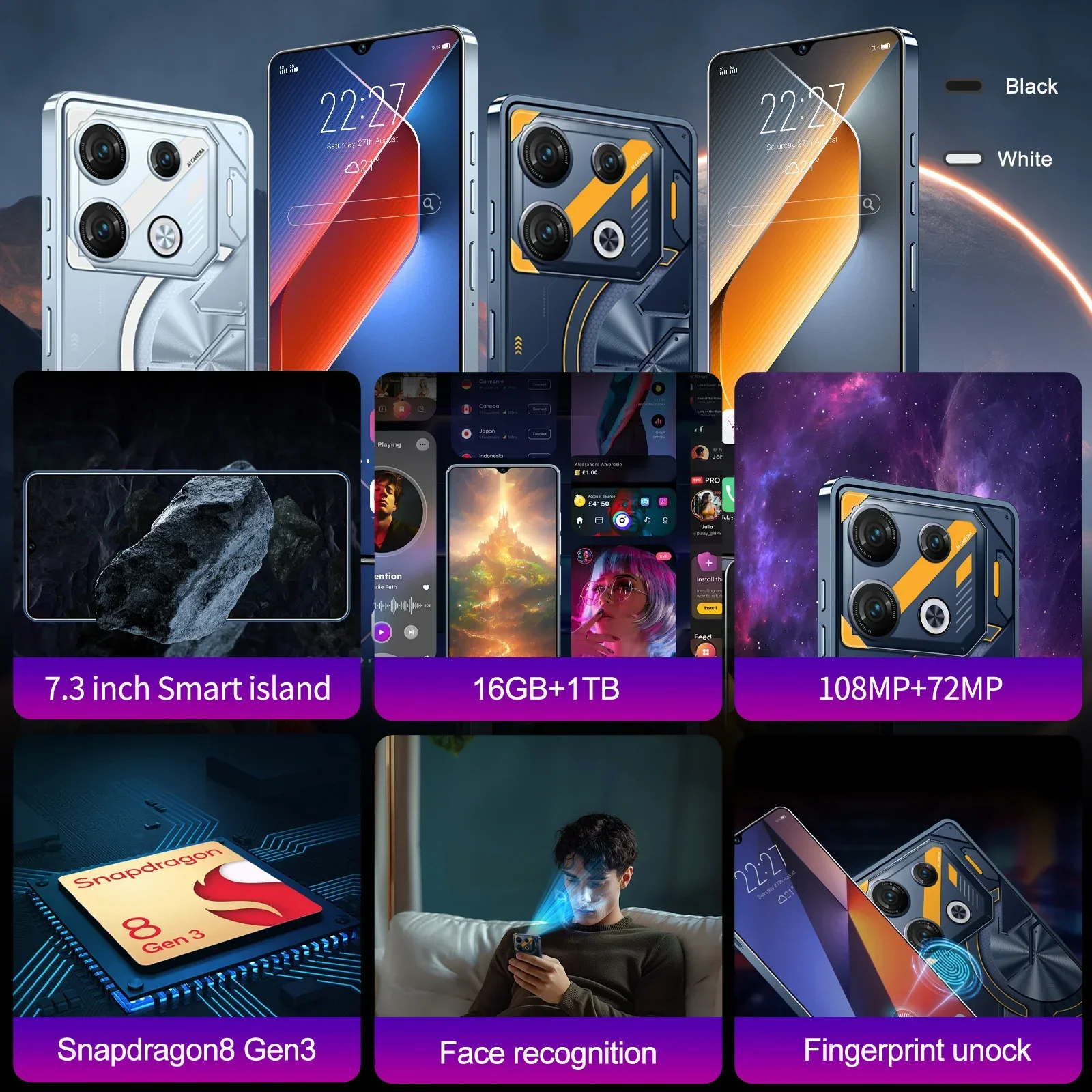 НОВЫЕ мобильные телефоны GT10 Pro 7.3 HD Распознавание лиц Оригинальный 5G Dual Sim Android Распознавание лиц Разблокированный сотовый телефон 108 МП