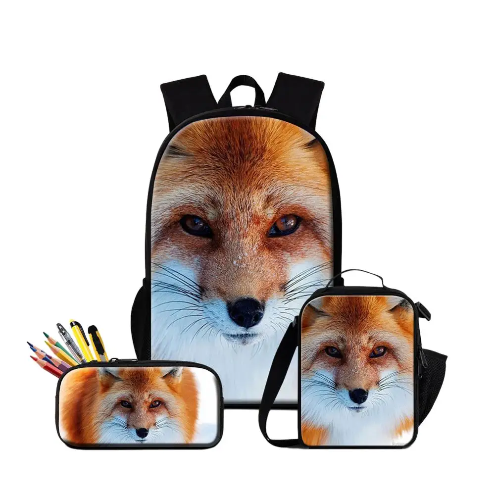 

3PCS School Bags Set Animal Fox Sublimation Printing Large Capacity Backpacks With Food Bag Pencil Case For Children Bookbags