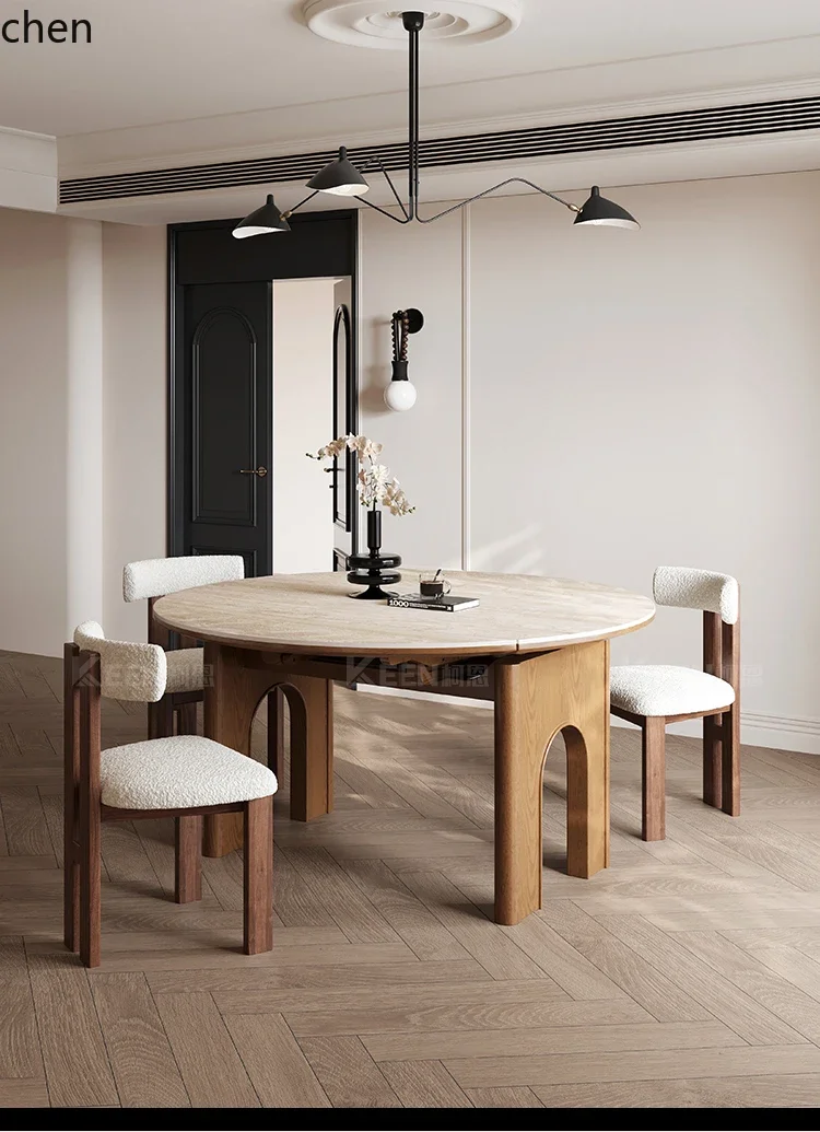 HXL Telescopic Rock Plate Dining Table Changeable Round Table Solid Wood Round Dining Table