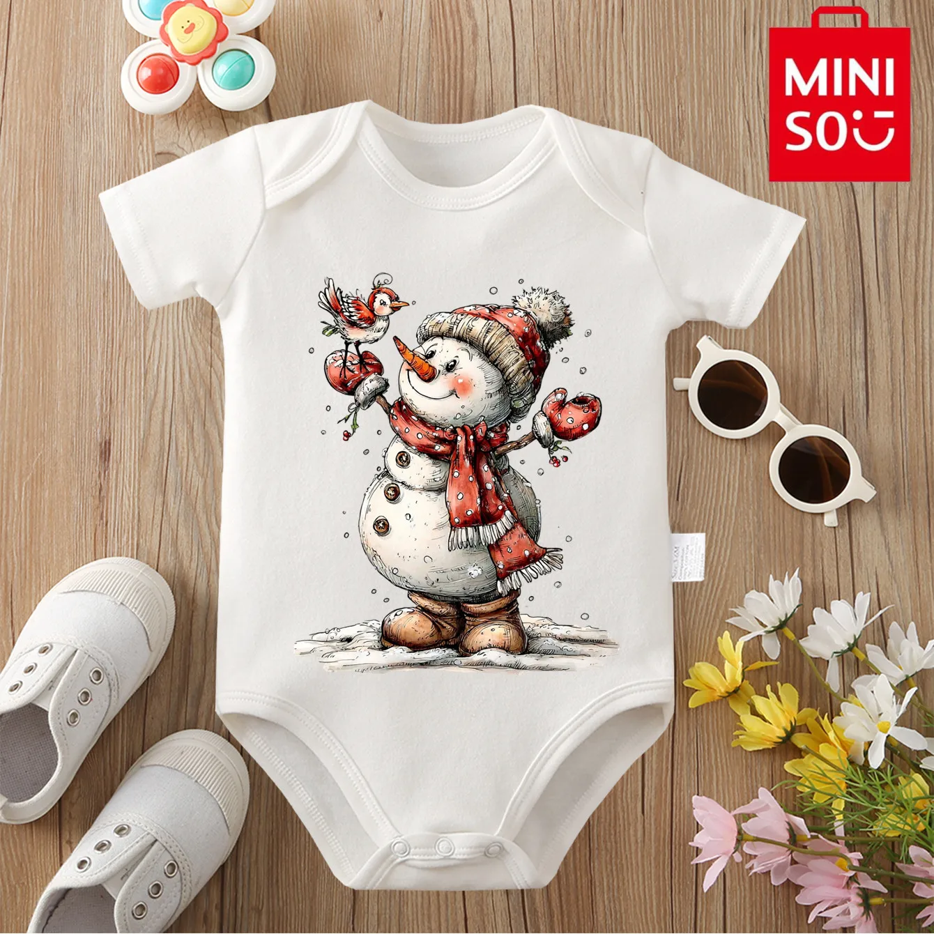 

MINISO Baby's First Christmas Snowman Sled 100% Cotton Cloth Onesie Jumpsuit Bodysuit for 0-12 Months Newborn Best Gift for Baby