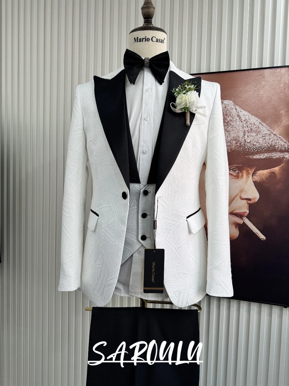 

Stylish Men's Embossed White Suit Set Modern Slim Fit Velvet Lapel Formal Blazer Wedding Prom Nightclub High-end Party Tuxedo