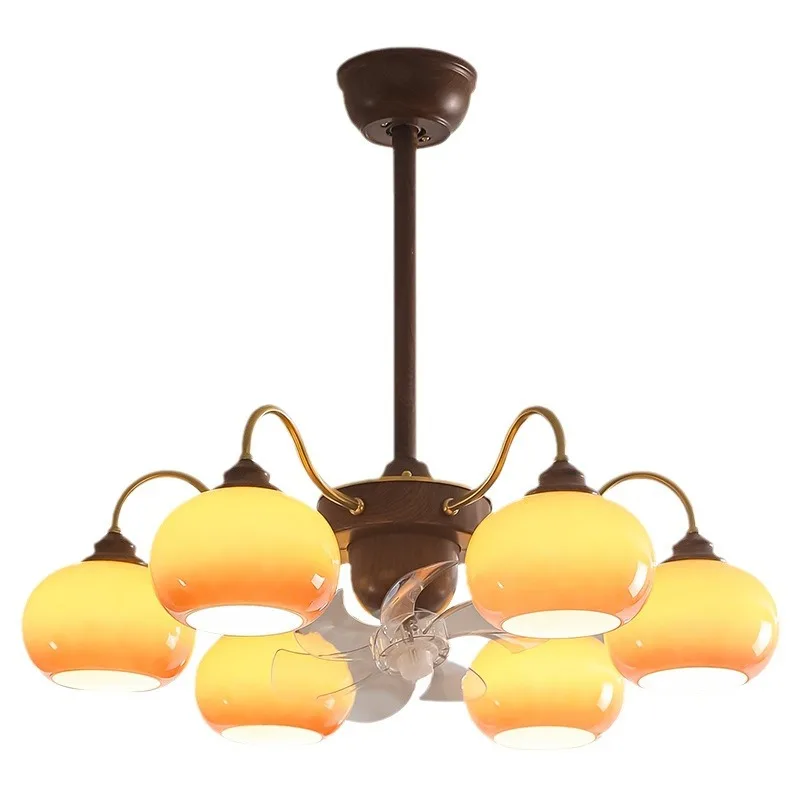 

Medieval style living room chandelier fan light American retro caramel color bedroom persimmon