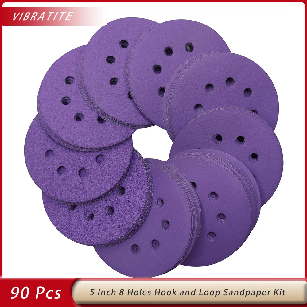 

5 Inch Sanding Discs 90Pack 8 Hole Hook & Loop Assorted Professional Purple orbital sandpaper Coarser to Finer for Wood Metal