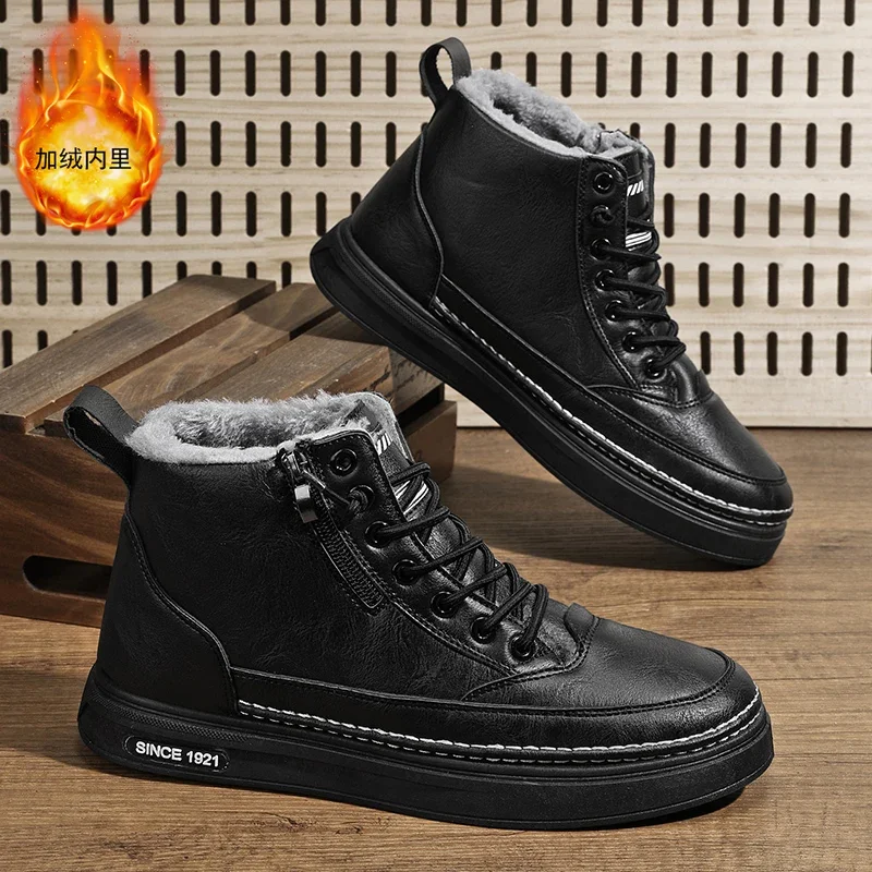 Botas masculinas de inverno sapatos de algodão quente de alta qualidade sapatos casuais de couro moda botas de tornozelo de pelúcia antiderrapante botas de negócios ao ar livre masculino