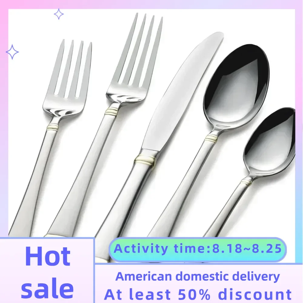 

65-Piece Stainless Steel Flatware Set With Serveware Gold-Accent Dishes Sets Full Set Service for 12 Spoons Complete Tableware