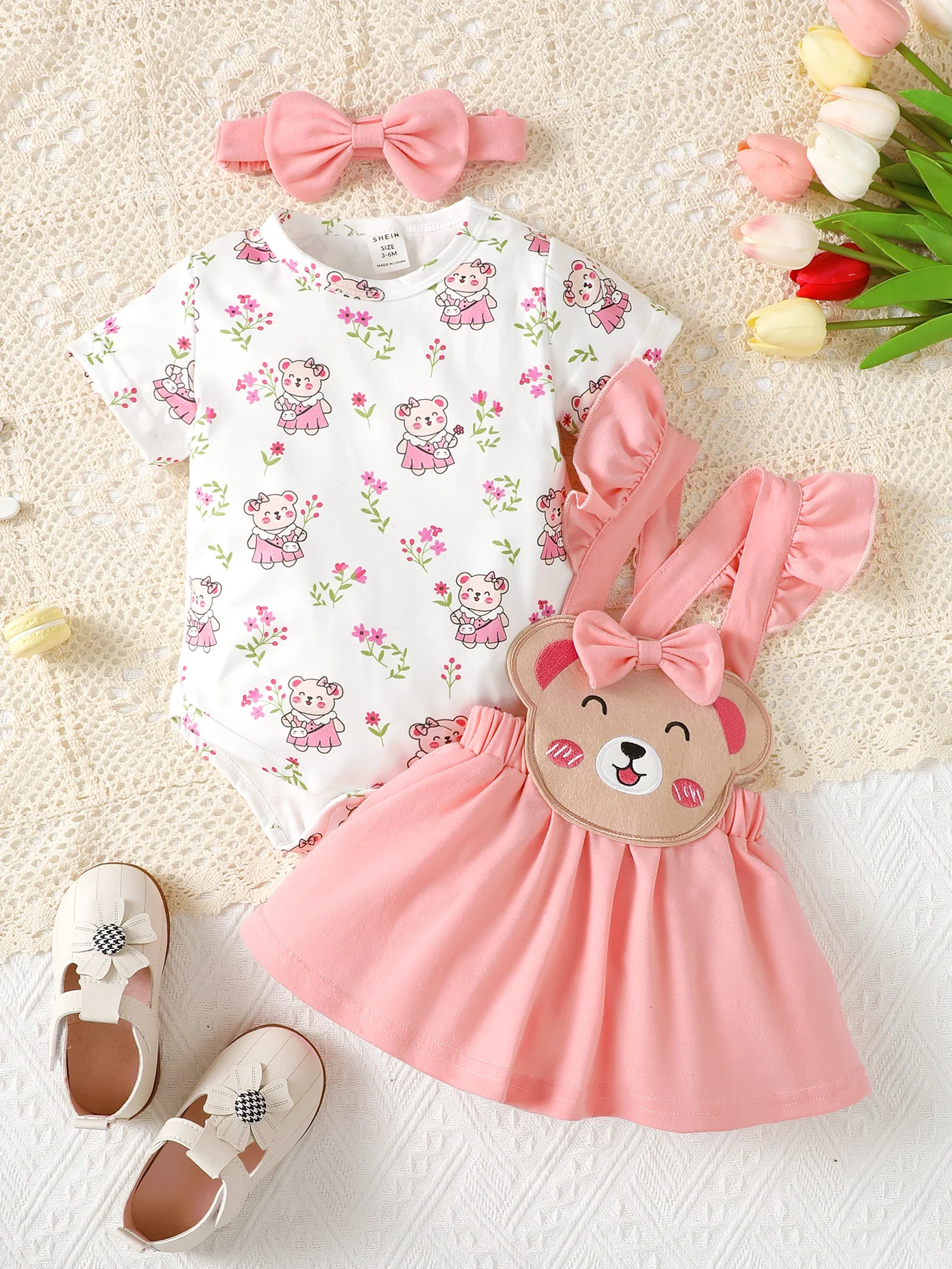 Baby Girl Round Neck Short-Sleeved Bear Print Triangle Dress + Ruffled Pink Strap Skirt + Bow Headband Foreign Three-Piece Set